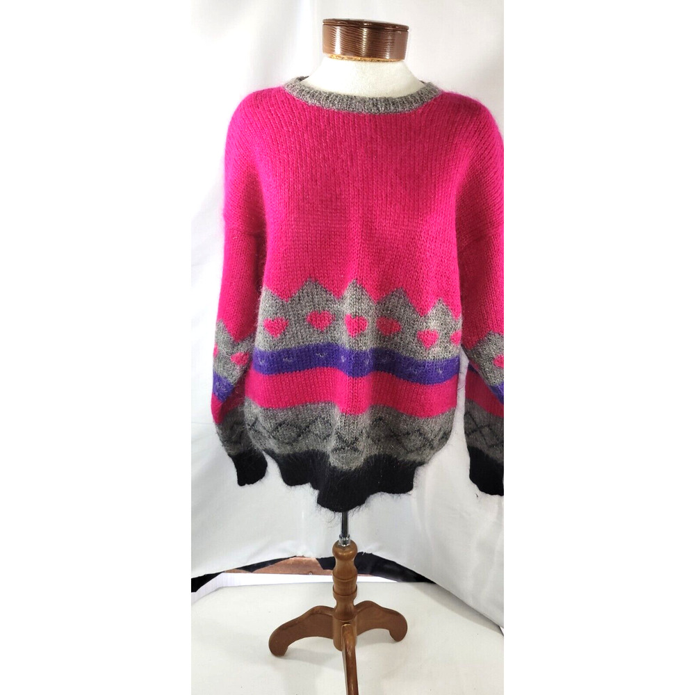 Vintage Gallagher Womens Large Pink Gray Fuzzy Mohair Blend Grandma Sweater